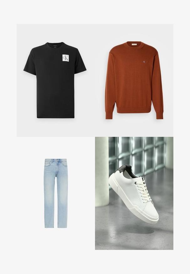 Rostfarbener Rundhalsausschnitt-Pullover aus feinem Strick mit gerippten Bündchen und Saum, versehen mit einem kleinen blauen Logo auf der Brust. Weiche Textur.; Schwarzes Baumwoll-T-Shirt mit kurzen Ärmeln und Rundhalsausschnitt. Enthält ein weißes quadratisches Logo mit "CK" in Schwarz auf der linken Brust.; Hellblaue Straight-Leg-Denim-Jeans mit vorderem Knopfverschluss und Fünf-Taschen-Design, inklusive einem kleinen Calvin Klein Label auf der vorderen Tasche.; Weißer Sneaker mit niedrigem Schaft, schwarzem, strukturiertem Fersenlaschen, weißen Schnürsenkeln und dicker Sohle auf einem polierten Betonboden in der Nähe von Glasbausteinen.