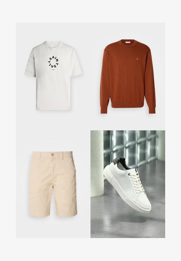 Rustfarvet crewneck sweater i fint strik, med ribbede manchetter og kant, og med et lille blåt logo på brystet. Blød tekstur.; Hvid T-shirt med korte ærmer og rund halsudskæring med sort cirkulær tekst, der staver "SAINT LAINT" og "LONDON" under cirklen.; Beige bomulds shorts med lukning foran med knap, sidelommer og lige pasform. Glat tekstur med rene syningdetaljer.; Hvid lav tå-sneaker med sort struktureret hælfane, hvide snørebånd og tyk sål på en poleret betongulv nær glasblokke.