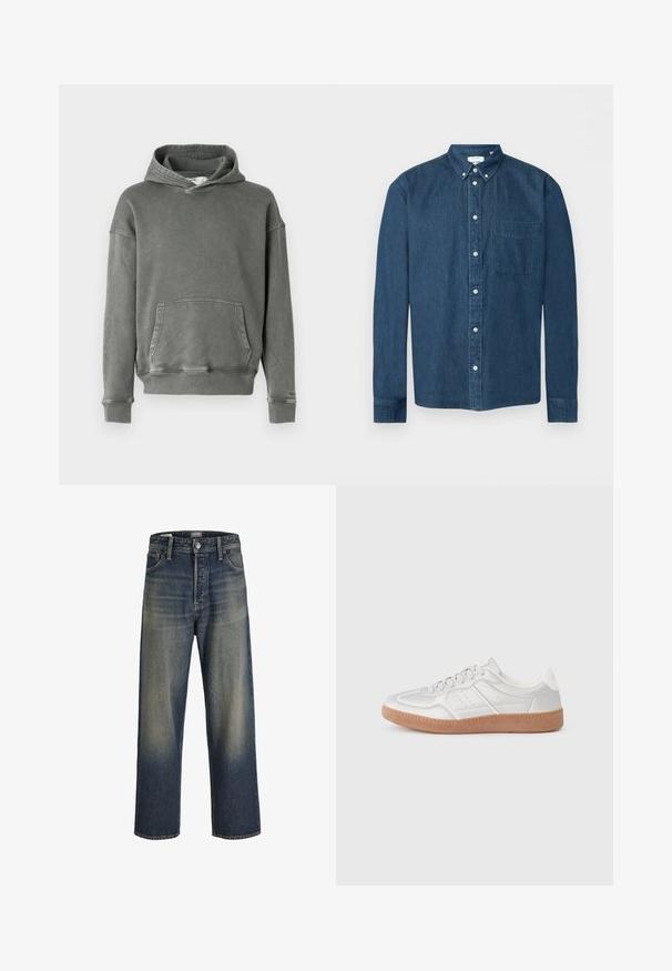 Grijze hoodie van stof met een zachte textuur. Voorzien van een voorkant zak, brede manchetten en een verstelbare trekkoordkap.; Donkerblauw denim overhemd met knopen, lange mouwen, een voorzak aan de linkerkant en een button-down kraag, weergegeven op een witte achtergrond.; Wijde jeans in donkerblauwe denim met een gradientafwerking, voorzien van een knoopsluiting, vijf zakken en gestructureerde stikdetails.; Zilveren sneakers met een gladde textuur, vetersluiting, geperforeerde accenten en een gestructureerde bruine rubberen zool.