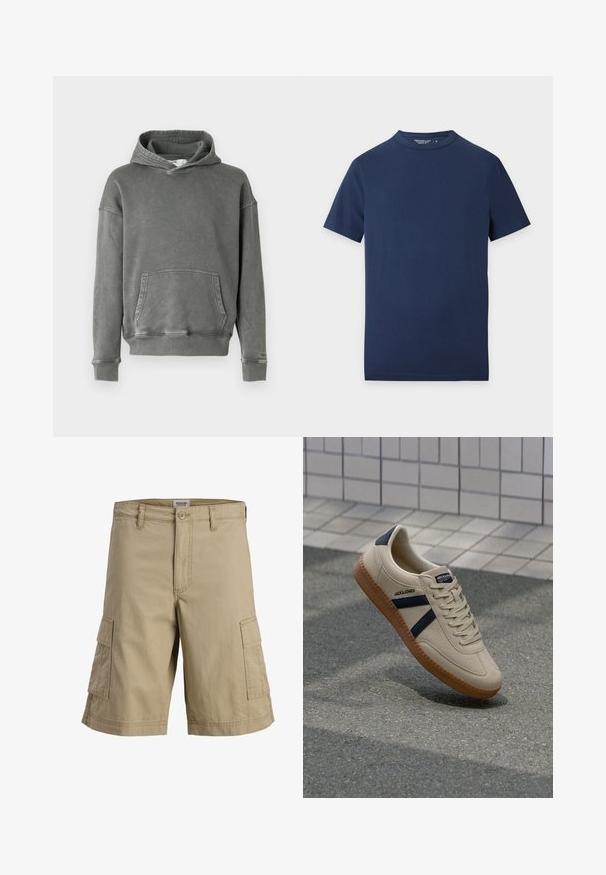 Sweat à capuche gris en tissu doux au toucher. Il comporte une poche kangourou à l'avant, des poignets larges et une capuche avec cordon de serrage ajustable.; T-shirt uni bleu marine à manches courtes et col rond, posé à plat sur un fond gris clair.; Short cargo beige longueur genou avec fermeture à bouton et zip devant et deux poches latérales à rabat.; Baskets beiges avec une finition texturée, bandes navy et semelle en caoutchouc. Équipées d'une languette rembourrée et d'un système de laçage traditionnel pour un maintien sécurisé.