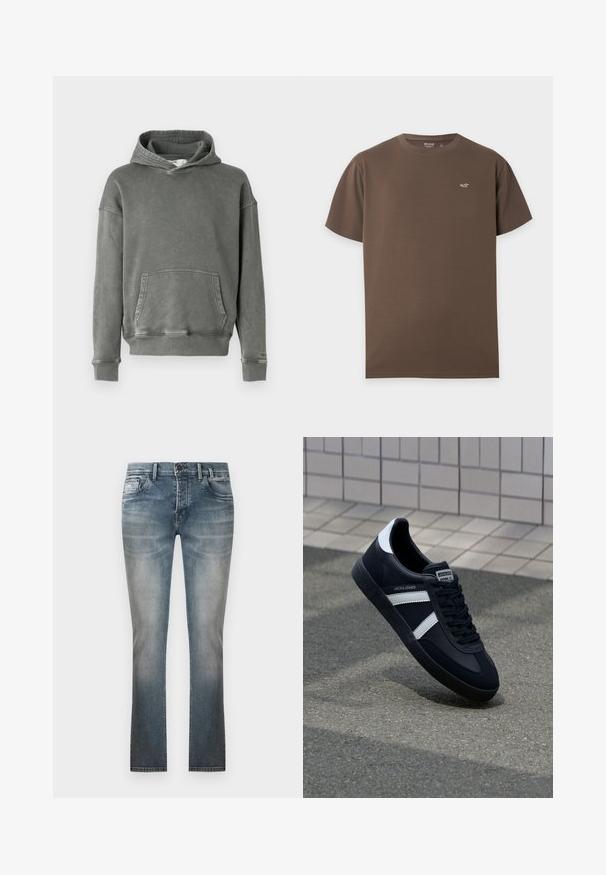 Sweat à capuche gris en tissu doux au toucher. Il comporte une poche kangourou à l'avant, des poignets larges et une capuche avec cordon de serrage ajustable.; T-shirt marron à manches courtes et col rond, avec un petit logo Hollister blanc sur la poitrine gauche, présenté sur un fond blanc uni.; Jean droit bleu délavé avec poches avant, passants pour ceinture et fermeture par bouton, présenté sur un fond blanc uni.; Sneaker en cuir noir avec des rayures blanches, semelle en caoutchouc texturée et devant à lacets. Présente une étiquette de marque sur la languette.