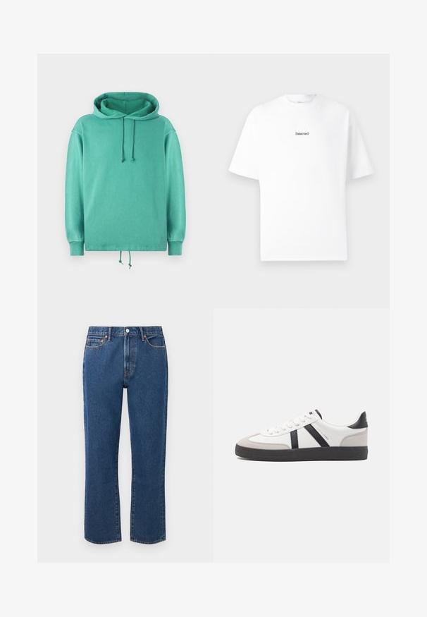 Mintgrüner Hoodie aus weichem Stoff mit lockerer Passform, weitem Ausschnitt, Kordelzügen und gerippten Bündchen.; Weißes Baumwoll-T-Shirt mit kurzen Ärmeln und Rundhalsausschnitt, ausgestattet mit einem kleinen gestickten Logo "Selected" in Schwarz auf der Brust.; Blaue gerade Jeans aus Denim mit einem Knopfverschluss, fünf Taschen und kontrastierenden orangen Nähte.; Weiße Sneaker mit schwarz- und grau-aczenten, ausgestattet mit einer strukturierten grauen Zehenkappe, schwarzer Gummi-Sohle und flachen weißen Schnürsenkeln. Sauberes Design, minimalistische Stil.