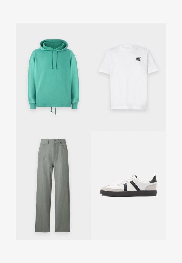 Mintgrøn hoodie lavet af blødt stof med en afslappet pasform, der har en rummelig halsudskæring, snore og ribbede ærmer.; Hvid bomulds T-shirt med rund hals og korte ærmer. Forsiden har en lille sort label med tekst og rektangulært design.; Lysgrønne, brede bukser lavet af et blødt, struktureret stof. Funktioner inkluderer en frontlukning med knap og fem lommer.; Hvide sneakers med sorte og grå detaljer, med en tekstureret grå tåhætte, sort gummisål og flade hvide snørebånd. Rent design, minimalistisk stil.