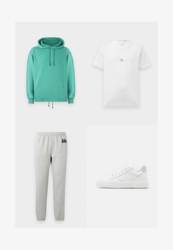 Mintgrüner Hoodie aus weichem Stoff mit lockerer Passform, weitem Ausschnitt, Kordelzügen und gerippten Bündchen.; Weißes Kurzarm-T-Shirt mit kleiner, bunter Stickerei von gekreuzten Stöcken und blauer, kursiver Schrift in der Mitte der Brust.; Graue Jogginghose mit elastischem Bund, abgeklebten Knöcheln und einem dunkelblauen "GAP"-Logo auf dem linken Oberschenkel. Weicher Baumwollmischstoff.; Weiße Leder-Sneaker mit glatter Oberfläche, rundem Zehenbereich, flachen Schnürsenkeln und strukturiertem Schuhsohlen. Graues Wildleder-Detail an der Ferse.