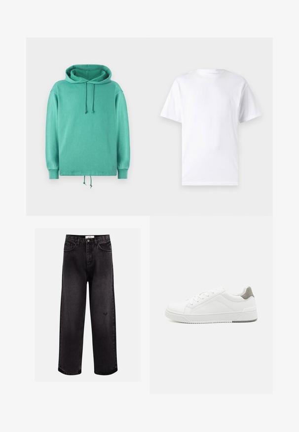 Mintgrøn hoodie lavet af blødt stof med en afslappet pasform, der har en rummelig halsudskæring, snore og ribbede ærmer.; Hvid kortærmet t-shirt lavet af bomuld med rund hals, der har en glat tekstur og et simpelt design uden mønstre eller accenter.; Sorte denim jeans med bred benpasform, der har fem lommer, en syet talje og en diskret logodetalje nær knæet.; Hvid sneaker lavet af glat læder, rund tå, minimalistisk design, grå hælafsats og tekstureret gummisål.