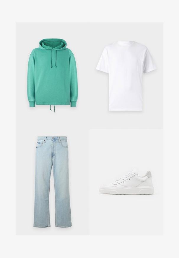 Sudadera verde menta hecha de tela suave con un ajuste relajado, que presenta un escote amplio, cordones y puños acanalados.; Camiseta blanca de manga corta hecha de algodón con cuello redondo, que presenta una textura suave y un diseño simple sin patrones ni acentos.; Vaqueros de mezclilla azul claro con un diseño holgado y de pierna ancha. Cuenta con cinco bolsillos, presillas para cinturón y un cierre de cremallera con botón.; Zapatillas de cuero blanca con un acabado suave, punta redondeada, cordones planos y una suela texturada. Acento de ante gris en el talón.