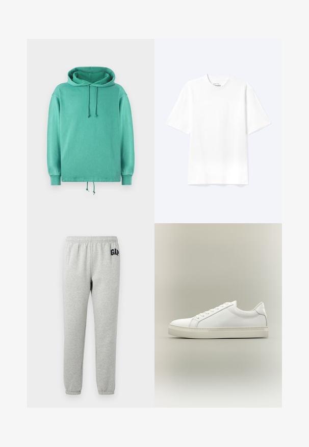 Mintgrüner Hoodie aus weichem Stoff mit lockerer Passform, weitem Ausschnitt, Kordelzügen und gerippten Bündchen.; Schlichtes weißes T-Shirt mit kurzen Ärmeln und Rundhalsausschnitt in entspannter Passform, auf hellem Hintergrund dargestellt.; Graue Jogginghose mit elastischem Bund, abgeklebten Knöcheln und einem dunkelblauen "GAP"-Logo auf dem linken Oberschenkel. Weicher Baumwollmischstoff.; Weißer Sneaker mit niedrigem Schaft, vorn mit Schnürung und dicker Sohle, aus der Seitenansicht vor neutralem Hintergrund.