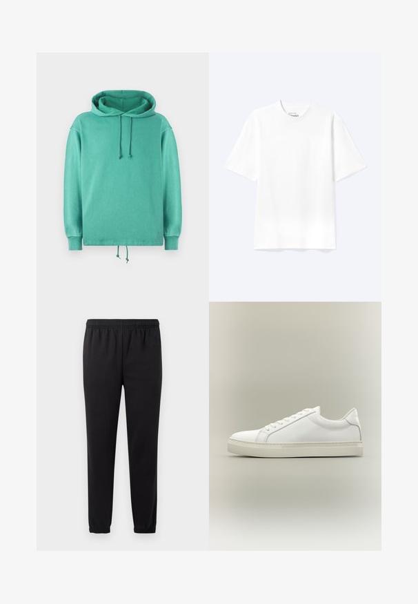 Mintgroene hoodie van zachte stof met een relaxte pasvorm, voorzien van een ruime halslijn, koordjes en geribde manchetten.; Effen witte T-shirt met korte mouwen en ronde hals, met een losse pasvorm, weergegeven op een lichte achtergrond.; Zwarte joggingbroek met elastische tailleband, taps toelopende benen en textuurstof. Voorzien van een subtiele logo detail aan de linkerkant.; Witte lage sneaker met veters aan de voorkant en dikke zool, zijaanzicht tegen een neutrale achtergrond.