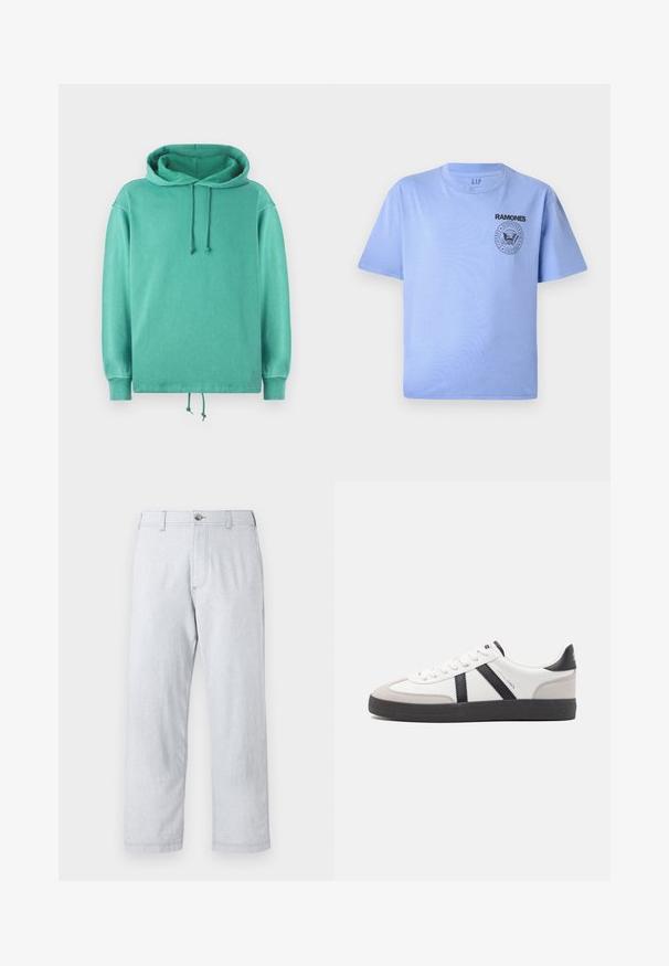 Mintgrøn hoodie lavet af blødt stof med en afslappet pasform, der har en rummelig halsudskæring, snore og ribbede ærmer.; Lys blå bomulds t-shirt med korte ærmer, rund hals og sort "Ramones" logo tryk på venstre brystområde. Glat tekstur.; Lys grå, lige ben bukser lavet af tekstureret stof. Har en frontlukkefunktion med knap og bæltestropper. Ingen synlige mønstre eller accenter.; Hvide sneakers med sorte og grå detaljer, med en tekstureret grå tåhætte, sort gummisål og flade hvide snørebånd. Rent design, minimalistisk stil.