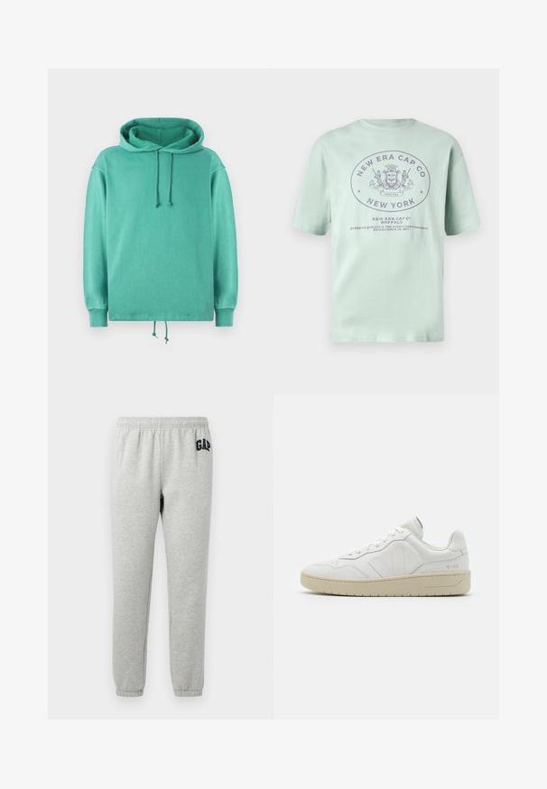 Mintgroene hoodie van zachte stof met een relaxte pasvorm, voorzien van een ruime halslijn, koordjes en geribde manchetten.; Mintgroene katoenen T-shirt met korte mouwen. Heeft een cirkelvormig logo in donkerpaarse tekst, met de tekst "New Era Cap Co" en "New York."; Grijze sweats met een elastische tailleband, cuffed enkels, en een marineblauwe "GAP" logo op de linker boven dij. Zachte, katoenen stofmix.; Witte leren sneakers met een gestructureerde afwerking en een gevoerde kraag. Voorzien van een beige rubberen zool en subtiele branding op de hiel en zijkant.