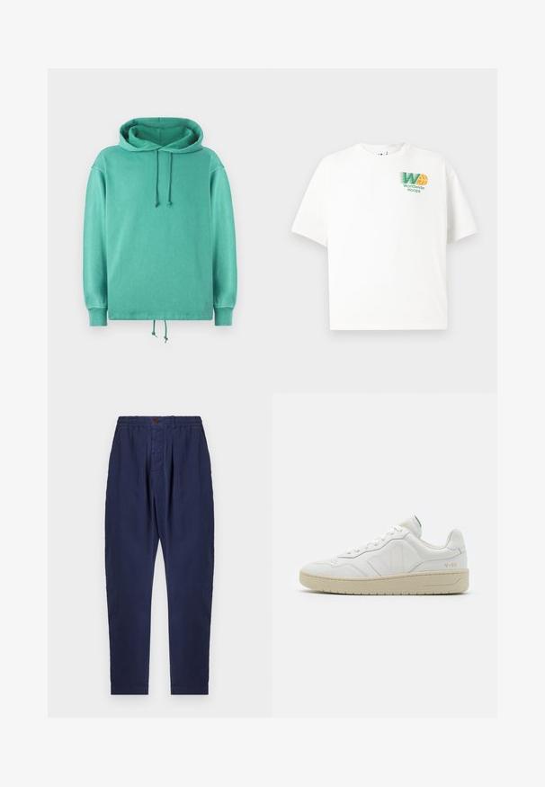 Mintgrøn hoodie lavet af blødt stof med en afslappet pasform, der har en rummelig halsudskæring, snore og ribbede ærmer.; Hvid bomulds t-shirt med en afslappet pasform. Har et grøn og orange grafisk logo på venstre bryst, som står "Worldwide Hoops."; Marineblå bukser lavet af tekstureret stof med elastisk talje, knaplukning og to frontfolder for ekstra designfunktion.; Hvide lædersneakers med struktureret overflade og polstret krave. Har en beige gummisål og diskret branding på hælen og siden.