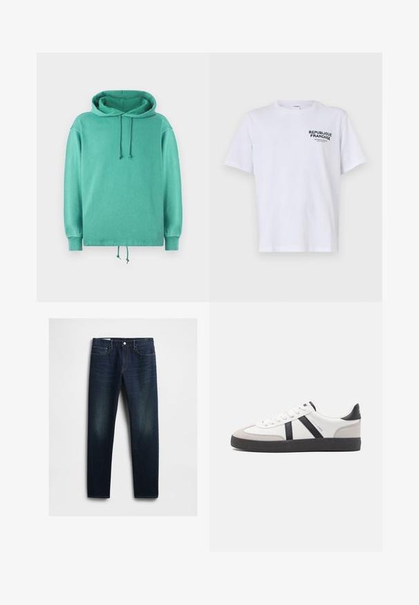 Mintgrüner Hoodie aus weichem Stoff mit lockerer Passform, weitem Ausschnitt, Kordelzügen und gerippten Bündchen.; Weißes Baumwoll-T-Shirt mit kurzen Ärmeln und Rundhalsausschnitt. Der Druck auf der linken Brust trägt "REPUBLIQUE FRANCAISE" in dunkelgrüner Schrift.; Dunkelblaue Denim-Jeans mit geradem Schnitt, ausgestattet mit fünf Taschen, einem Knopfverschluss und dezentem Verblassen an den Oberschenkeln. Klassische Steppnähte.; Weiße Sneaker mit schwarz- und grau-aczenten, ausgestattet mit einer strukturierten grauen Zehenkappe, schwarzer Gummi-Sohle und flachen weißen Schnürsenkeln. Sauberes Design, minimalistische Stil.