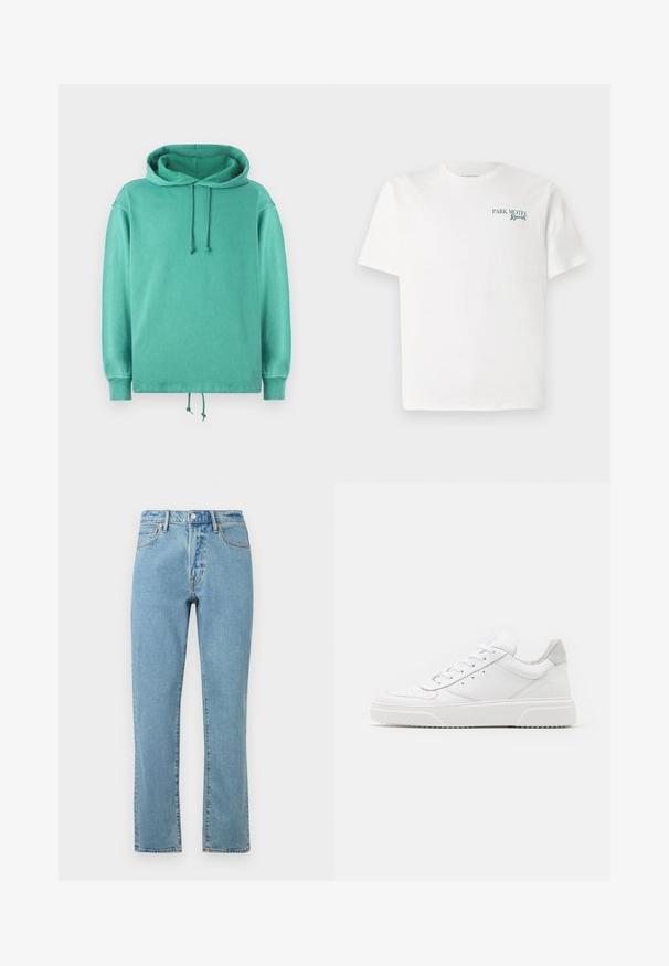 Mintgroene hoodie van zachte stof met een relaxte pasvorm, voorzien van een ruime halslijn, koordjes en geribde manchetten.; Witte katoenen t-shirt met een ronde hals. Aan de voorkant staat groene tekst: "PARK MOTEL Resort." Korte mouwen en een relaxte pasvorm. Soepele textuur.; Lichtblauwe denim jeans met een rechte pijp, voorzien van oranje stiksel, een knoopsluiting en een klassieke vijf-pocketontwerp.; Witte leren sneakers met een gladde afwerking, ronde neus, platte veters en een gestructureerde zool. Grijze suède accent bij de hiel.
