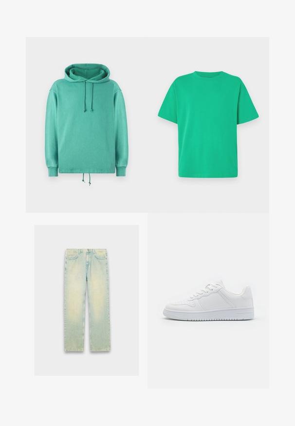 Mintgrøn hoodie lavet af blødt stof med en afslappet pasform, der har en rummelig halsudskæring, snore og ribbede ærmer.; Grøn kortærmet t-shirt lavet af blødt stof; har rund hals og afslappet pasform; glat tekstur uden mønstre eller accenter.; Lyseblå denimjeans med løs pasform, fem lommer, lynlås og en slidt finish langs lår og knæ.; Hvide sneakers lavet af glat syntetisk materiale, med flade snørebånd, perforeret tå og en gummisål med et tekstureret grebmønster.