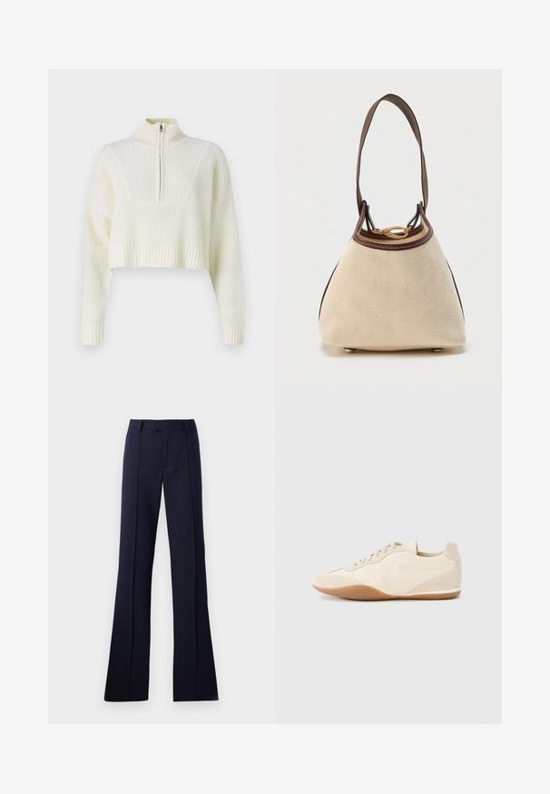 Crème kleurige cropped sweater met een ritskraag, geribbelde textuur en brede mouwen. Het materiaal lijkt zacht en gebreid.; Navyblauwe, uitlopende broek gemaakt van een gladde stof. Heeft een platte voorkant, riemlussen en persplooien. Geen zichtbare patronen of accenten.; Lichtbeige sneakers met een textuur van leer op het bovenwerk, getextureerde zijpanelen en een rubberen zool. Voorzien van een slank, gestroomlijnd ontwerp en platte veters.; Kleine beige stoffen handtas met bruine leren afwerking, enkele schouderriem, gouden sluiting en afgeronde bodem met metalen voetjes.