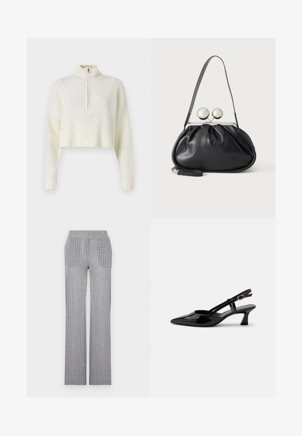 Cremefarvet cropped sweater med lynlås i halsen, ribbet tekstur og brede ærmer. Materialet ser blødt og strikket ud.; Grå, ribbet strikbukser med en tætsiddende talje og flared ben. Har en subtil glans og lodrette striber for tekstur.; Sort laklæderslingback med lille hæl, spids tå og justerbar guldlåsrem på hvid baggrund.; Sort læderhåndtaske med opsamlet design, en enkelt rem, sølv metalramme og to store runde sølv lukninger.
