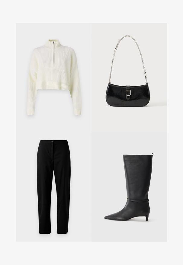 Cremefarvet cropped sweater med lynlås i halsen, ribbet tekstur og brede ærmer. Materialet ser blødt og strikket ud.; Sorte lige bukser med knap- og lynlåslukning, glat stof og minimal detaljering mod en ensfarvet lyse baggrund.; Sorte læder knæhøje støvler med spidse tæer, fremhævet af et rundt bånd omkring anklen og en lav, tapered hæl. Glat tekstur.; Sort skuldertaske i laklæder med sølv spænde og sølv kæderem, vist mod en ensartet lys baggrund.