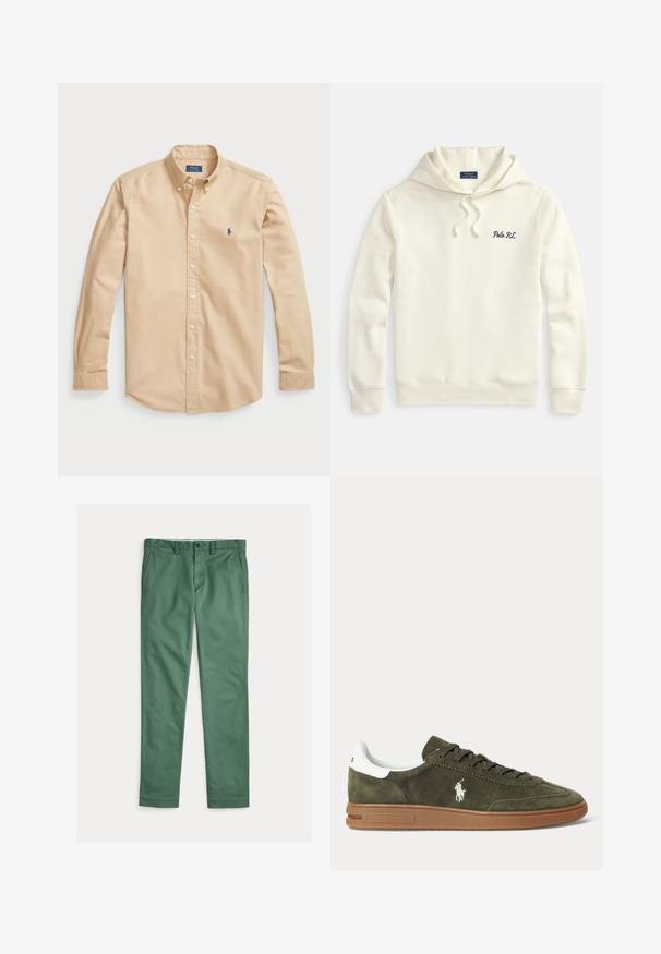 Off-white hoodie met een capuchon met trekkoord, geribbelde manchetten en zoom, met een kleine marineblauwe "Polo RL" borduring op de linkerborst.; Lichtbeige overhemd met knopen van katoen, met een klassieke kraag, lange mouwen, witte knopen en een klein blauw logo op de borst.; Groene rechte herenbroek met voorzakken, riemlussen en knoopsluiting, plat uitgespreid op een witte achtergrond.; Olivengroene suède sneaker met bruine rubberen zool, witte hielstrook, vetersluiting aan de voorkant en wit Ralph Lauren polo-spelerlogo aan de zijkant.