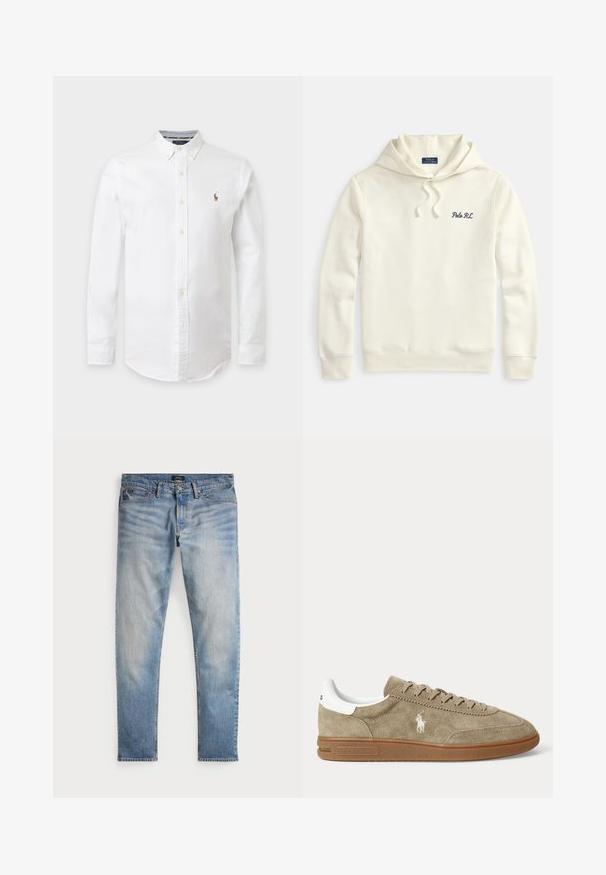 Off-weißer Hoodie mit Kordelzugkapuze, gerippten Bündchen und Saum, mit kleiner dunkelblauer "Polo RL" Stickerei auf der linken Brust.; Weißes Langarmhemd mit Knöpfen und Button-Down-Kragen sowie kleinem gesticktem Logo auf der linken Brust.; Helle blaue Denim-Jeans mit einem ausgewaschenen Finish, Fünf-Taschen-Design und kontrastierenden Nähten. Mit Reißverschluss und Gürtelschlaufen. Gerade geschnitten.; Beiger Wildleder-Sneaker in niedrigem Schnitt mit brauner Sohle, weißem Fersendetail, Schnürsenkeln und weißem, seitlich gesticktem Polo-Spieler-Logo.