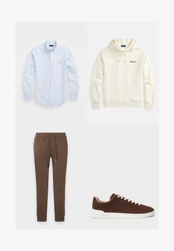 Sweat à capuche écru avec cordon de serrage, poignets et ourlet côtelés, avec une petite broderie bleu marine « Polo RL » sur le côté gauche de la poitrine.; Chemise à rayures bleu clair et blanche, à boutons, avec un col, des manches longues et un petit logo brodé sur la poitrine. Matériau en coton.; Pantalon de survêtement marron en matière douce et extensible, avec une taille élastique, un cordon de serrage et des poignets côtelés. Petit logo en haut à gauche.; Baskets basses en suede marron avec semelle en caoutchouc blanc, lacets blancs et logo Polo brodé sur le côté.