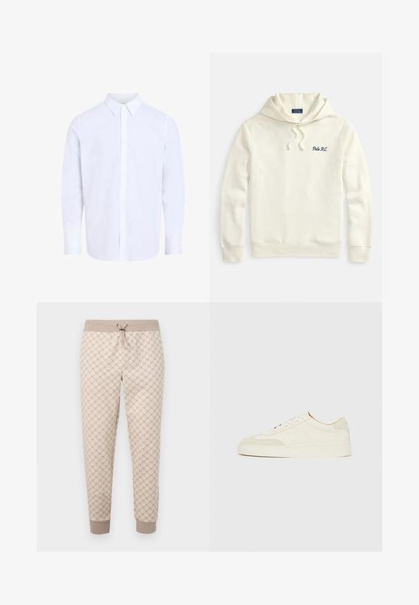 Off-weißer Hoodie mit Kordelzugkapuze, gerippten Bündchen und Saum, mit kleiner dunkelblauer "Polo RL" Stickerei auf der linken Brust.; Weißes Hemd mit langen Ärmeln und klassischem Kragen, aus glattem Stoff gefertigt, mit durchgehendem Knopfleistenverschluss und abgerundetem Saum.; Beige Jogginghosen mit einem hellbraunen geometrischen Muster, einem gerippten Bund und Bündchen sowie einem vorderen Tunnelzugverschluss.; Weiße Wildleder-Sneaker mit glatter Oberfläche, rundem Zehenbereich, flachem Schnürdesign und kontrastierenden, strukturierten Akzenten. Mit einem dezenten Logodetail versehen.