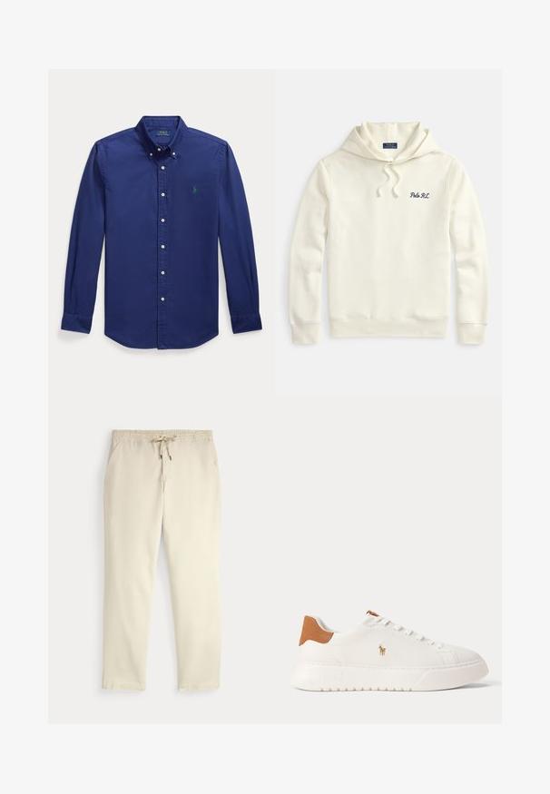Off-white hættetrøje med snoretræk i hætten, ribstrikkede manchetter og kant, med en lille marineblå "Polo RL"-brodering på venstre bryst.; Mørkeblå langærmet skjorte med knapper lavet af bomuld. Har en spids krave og et lille grønt broderet logo på venstre bryst.; Off-white afslappede bukser med elastisk talje og snor, lige ben og sidelommer mod en ensfarvet baggrund.; Hvid lavtop sneaker med tan hælfane, hvide snørebånd og lille broderet polo-spiller logo på siden over en tyk sål.