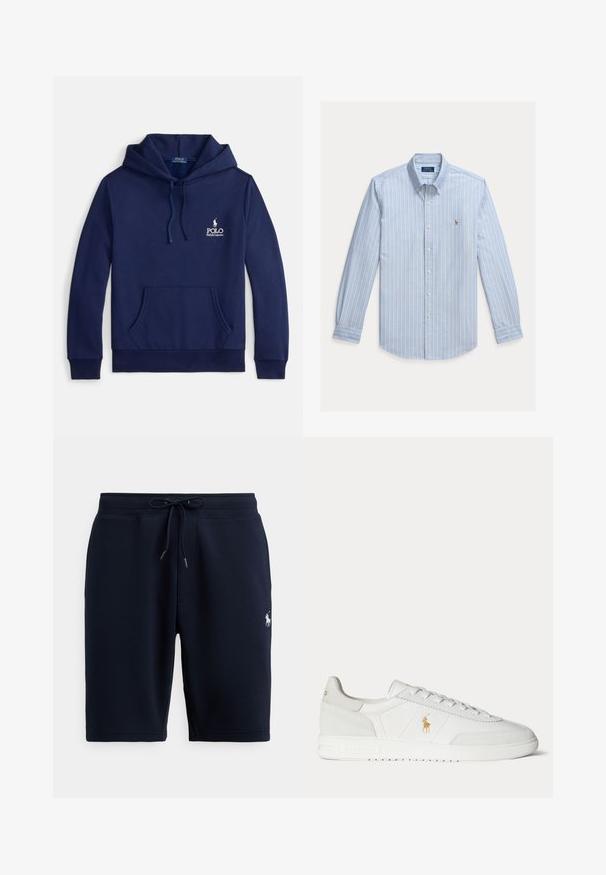 Marineblauwe hoodie van een katoenmengsel, met een voorzak, verstelbare capuchon met trekkoord en een wit geborduurd logo op de borst.; Lichtblauw overhemd met lange mouwen, witte verticale strepen en een klein geborduurd Polo Ralph Lauren-logo op de borst.; Marineblauwe katoenen sportshorts met een elastische tailleband, trekkoord en logo-accent aan de linkerkant. Gladde textuur, tot aan de knieën.; Witte lage sneaker met vetersluiting, gouden Polo Ralph Lauren-logo aan de zijkant en een gestructureerde zool op een effen achtergrond.