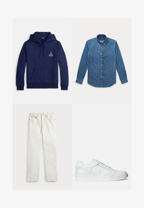 Marineblauer Hoodie aus Baumwollmischung mit einer Fronttasche, verstellbarer Kapuze mit Kordelzug und weißem, auf der Brust gesticktem Logo.; Langärmeliges blaues Denim-Hemd mit Knöpfen, Kragen und kleinem eingesticktem Logo auf der linken Brust.; Weiße Denim-Jeans mit geradem Schnitt, ausgestattet mit fünf Taschen, Metallknöpfen und Ziernähten entlang der Nähte. Glatte Textur.; Weißer Ledersneaker mit glatter Textur, ausgestattet mit einer perforierten Zehenpartie, Schnürverschluss und gesticktem Logo an der Seite. Weiße Gummisohle.