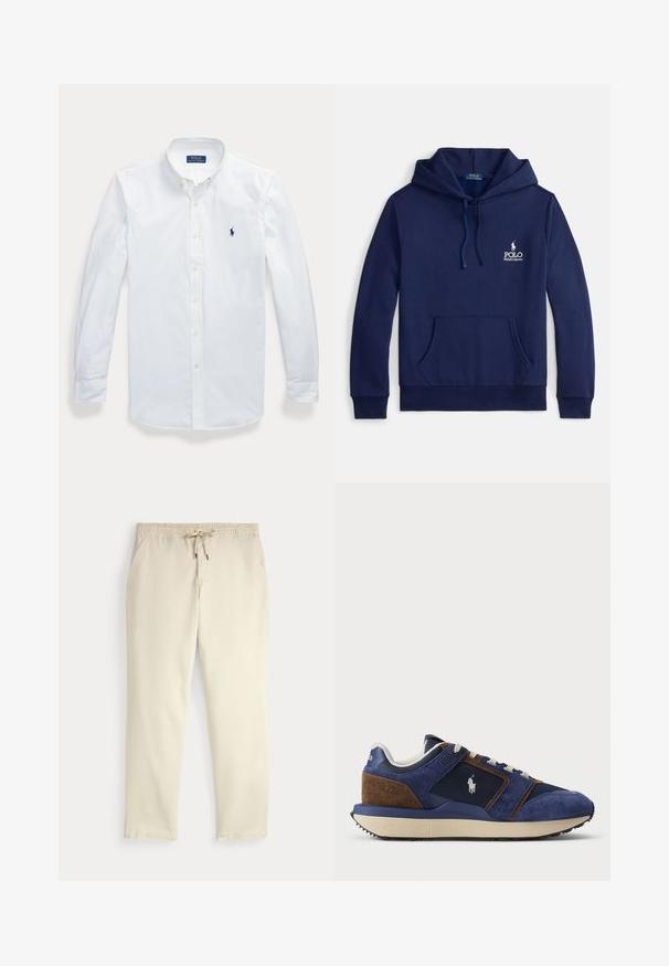 Mørkeblå hættetrøje lavet af bomuldsblanding, med frontlomme, justerbar snøre i hætten og hvid broderet logo på brystet.; Hvid langærmet skjorte med knapper og krave, Polo Ralph Lauren-logo broderet på venstre bryst.; Off-white afslappede bukser med elastisk talje og snor, lige ben og sidelommer mod en ensfarvet baggrund.; Marineblå ruskind og mesh sneakers med lysere accenter, beige gummisål og hvide snørebånd; har et logo på siden.