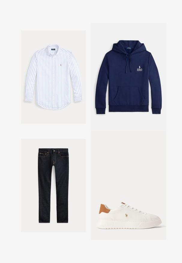 Marineblauwe hoodie van een katoenmengsel, met een voorzak, verstelbare capuchon met trekkoord en een wit geborduurd logo op de borst.; Overhemd met lange mouwen en knopen, lichtblauwe verticale strepen en een klein geborduurd logo op de linkerborst.; Donkerblauwe slim-fit jeans met vijf zakken, knoopsluiting en contrasterende stiksels, plat gelegd op een lichte achtergrond.; Witte lage sneaker met beige hieltab, witte veters en klein geborduurd polo spelerlogo aan de zijkant boven een dikke zool.