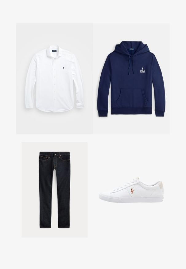 Sudadera con capucha color azul marino hecha de mezcla de algodón, con bolsillo frontal, capucha con cordón ajustable y logo blanco bordado en el pecho.; Camisa blanca de manga larga y botones, hecha de algodón. Presenta un cuello clásico, corte regular y un pequeño logo azul marino en el pecho.; Vaqueros ajustados de color azul oscuro con cinco bolsillos, cierre de botones y costuras en contraste, colocados planos sobre un fondo claro.; Zapatilla de lona blanca con diseño de corte bajo, que cuenta con un taco trasero beige y un pequeño logo bordado en el costado. Suela de goma.