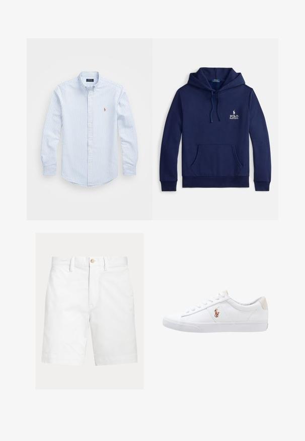 Sweat à capuche bleu marine en mélange de coton, doté d'une poche avant, d'une capuche ajustable avec cordon de serrage et d'un logo blanc brodé sur la poitrine.; Chemise à rayures bleu clair et blanche, à boutons, avec un col, des manches longues et un petit logo brodé sur la poitrine. Matériau en coton.; Short blanc jusqu'aux genoux avec passants de ceinture et fermeture par un bouton marron à la taille, présenté sur un fond uni.; Baskets en toile blanches avec un design basse, présentant un onglet de talon beige et un petit logo brodé sur le côté. Semelle en caoutchouc.