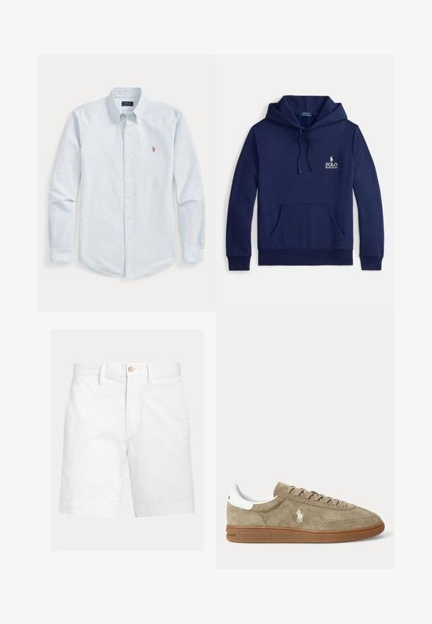 Marineblauer Hoodie aus Baumwollmischung mit einer Fronttasche, verstellbarer Kapuze mit Kordelzug und weißem, auf der Brust gesticktem Logo.; Langärmliges Hemd mit Knöpfen, hellblauen und weißen Streifen, geknöpftem Kragen und kleinem gesticktem Logo auf der Brust.; Weiße kniehohe Shorts mit Gürtelschlaufen und braunem Knopfverschluss an der Taille, auf schlichtem Hintergrund dargestellt.; Beiger Wildleder-Sneaker in niedrigem Schnitt mit brauner Sohle, weißem Fersendetail, Schnürsenkeln und weißem, seitlich gesticktem Polo-Spieler-Logo.