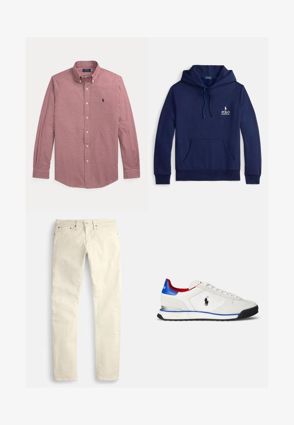 Marineblauer Hoodie aus Baumwollmischung mit einer Fronttasche, verstellbarer Kapuze mit Kordelzug und weißem, auf der Brust gesticktem Logo.; Langärmeliges rot-weiß kariertes Hemd mit Knöpfen, Kragen und blau besticktem Logo auf der linken Brust.; Hellbeige Hosen mit geradem Bein aus strukturiertem Stoff. Verfügen über fünf Taschen und braune, metallische Beschläge. Keine sichtbaren Muster oder Akzente.; Weißer Sneaker mit glatter Leder- und Textiloberfläche, mit blauen und roten Akzenten, einer schwarzen Sohle und einem kleinen Logo an der Seite.