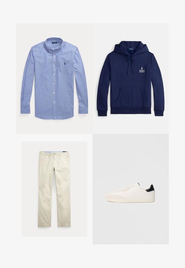 Marineblauwe hoodie van een katoenmengsel, met een voorzak, verstelbare capuchon met trekkoord en een wit geborduurd logo op de borst.; Blauw-wit verticale gestreepte blouse met lange mouwen, knopen en een button-down kraag, met Polo Ralph Lauren-logo op de borst.; Beige katoenen broek met rechte pijpen, riemlussen, voorste knoop, ritssluiting en zijzakken.; Witte leren sneakers met suède accenten, voorzien van een zwarte hielrand, vetersluiting, geperforeerde details en subtiele merkopdruk aan de zijkant.