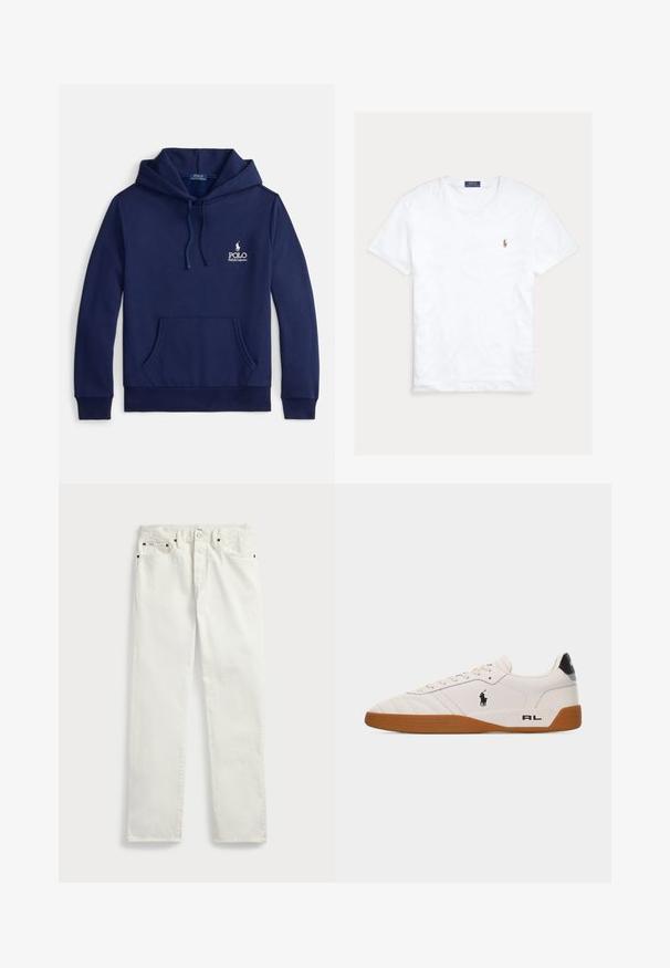 Marineblauer Hoodie aus Baumwollmischung mit einer Fronttasche, verstellbarer Kapuze mit Kordelzug und weißem, auf der Brust gesticktem Logo.; Weißes T-Shirt mit Rundhalsausschnitt und kurzen Ärmeln, mit kleinem gesticktem Polo Ralph Lauren Logo auf der linken Brust und blauem Markenetikett innen am Kragen.; Weiße Denim-Jeans mit geradem Schnitt, ausgestattet mit fünf Taschen, Metallknöpfen und Ziernähten entlang der Nähte. Glatte Textur.; Weißer Sneaker mit niedrigem Schaft, brauner Gummisohle, schwarzem Polo Ralph Lauren-Logo an der Seite und "RL"-Schriftzug im Fersenbereich.