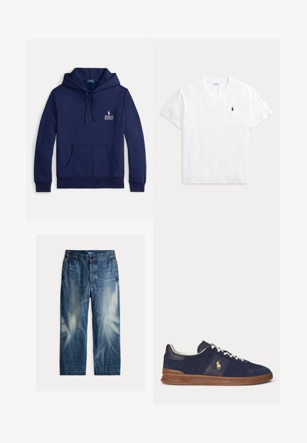 Marineblauwe hoodie van een katoenmengsel, met een voorzak, verstelbare capuchon met trekkoord en een wit geborduurd logo op de borst.; Wit T-shirt met V-hals en korte mouwen met een klein marineblauw Polo Ralph Lauren paardenlogo op de linkerborst.; Blauwe vervaagde spijkerbroek met voorzakken, riemlussen, knoopsluiting en een label "Polo by Ralph Lauren" aan de binnenkant van de tailleband.; Marineblauwe lage sneaker met witte veters, bruine zool en Polo-spelerlogo aan de zijkant, gezien van links.