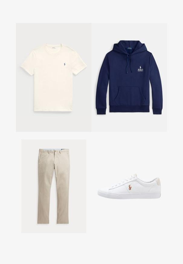 Marineblauer Hoodie aus Baumwollmischung mit einer Fronttasche, verstellbarer Kapuze mit Kordelzug und weißem, auf der Brust gesticktem Logo.; Cremfarbener Baumwoll-T-Shirt mit Rundkragen und kurzen Ärmeln. Verfügt über ein kleines, blaues gesticktes Logo auf der linken Brust.; Beige Baumwollhose mit geradem Bein, Fronttaschen, Gürtelschlaufen, Knopfverschluss und Reißverschluss, flach auf weißem Hintergrund dargestellt.; Weiße Leinensneaker im Low-Top-Design mit einem beigen Ferseneinsatz und einem kleinen gestickten Logo an der Seite. Gummisohle.