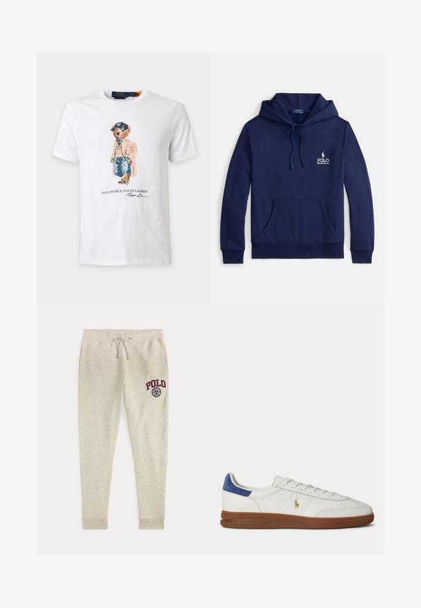 Sweat à capuche bleu marine en mélange de coton, doté d'une poche avant, d'une capuche ajustable avec cordon de serrage et d'un logo blanc brodé sur la poitrine.; T-shirt blanc avec un ours portant un manteau beige, un pull à carreaux, un jean, des bottes et une casquette NY bleu marine avec le texte ""Polo Bear by Ralph Lauren"".; Pantalon de survêtement beige à cordon avec poches latérales et logo et emblème rouges "POLO" sur la partie supérieure de la cuisse gauche.; Baskets basses blanches avec semelle marron, languette de talon bleue, lacets et logo Polo Ralph Lauren doré sur le côté.