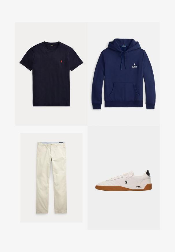 Mørkeblå hættetrøje lavet af bomuldsblanding, med frontlomme, justerbar snøre i hætten og hvid broderet logo på brystet.; Marineblå t-shirt med korte ærmer og rund hals med lille rødt Polo Ralph Lauren-logo på venstre bryst.; Beige bomuld straight-leg bukser med bæltestropper, forreste knap, lynlås og sidelommer.; Hvid lav sneakers med brun gummisål, sort Polo Ralph Lauren-logo på siden og "RL" tekst på hælområdet.