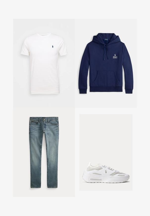 Sweat à capuche bleu marine en mélange de coton, doté d'une poche avant, d'une capuche ajustable avec cordon de serrage et d'un logo blanc brodé sur la poitrine.; T-shirt en coton blanc à col rond. Présente un petit logo bleu marine sur la poitrine gauche. Manches courtes, texture lisse.; Jean en denim bleu à coupe droite avec poches avant, passants de ceinture et fermeture par bouton.; Baskets basses blanches avec panneaux en mesh, lacets et logo Ralph Lauren sur le côté et la semelle, vues du côté extérieur.