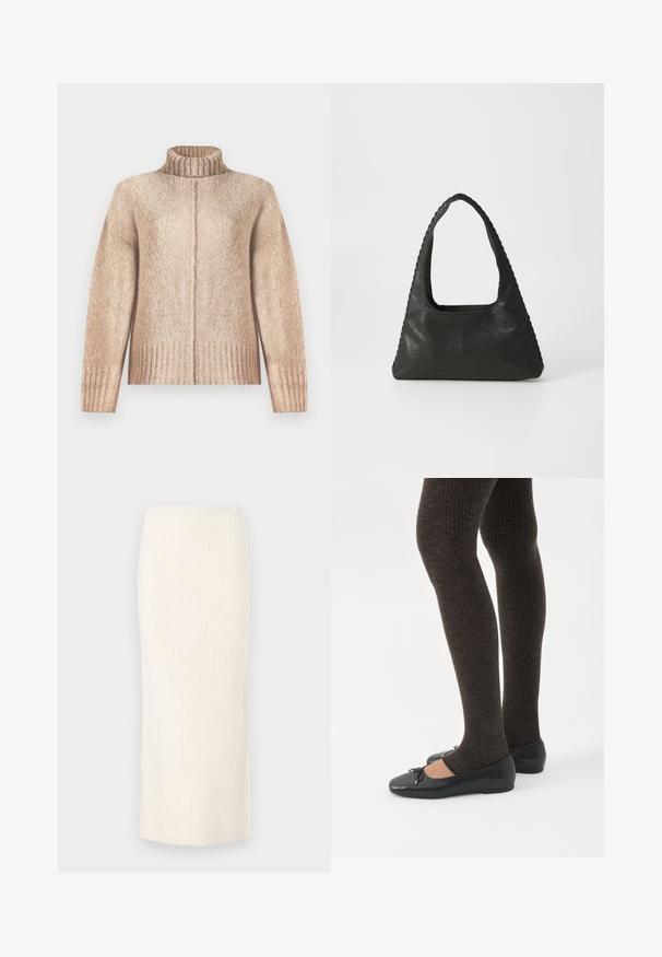 Suéter de punto beige con cuello alto de canalé, mangas anchas y dobladillo acanalado. Textura suave con un sutil patrón jaspeado.; Falda de punto color crema hasta la rodilla con textura acanalada, que presenta un diseño ajustado y una cinturilla elástica para mayor comodidad.; Piernas con leggings oscuros acanalados combinados con bailarinas negras que presentan pequeños detalles de lazo sobre un fondo blanco.; Bolso de cuero negro con forma triangular, un gran asa recortada y costuras detalladas a lo largo de los bordes. Textura suave.