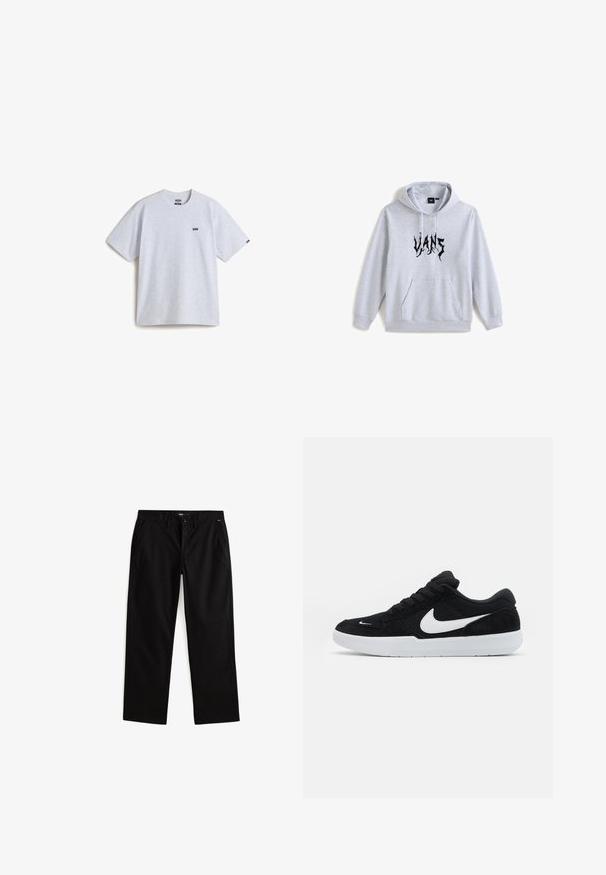 Grå hættetrøje med en frontlomme, har sort tekst "VANS" i en stiliseret skrifttype. Lavet af blødt stof med trækstrop ved hætten.; Lys grå kortærmet t-shirt lavet af bomuld, med et lille sort logo på brystet og en rund halsudskæring. Enkel design, ingen mønstre.; Sorte bomuldsbukser med lige ben-design, der har forlommer, bæltestropper og knaplukning. Glat overflade, minimal detaljering.; Sorte ruskindssneakers med hvide accenter, der har en rund tå, tyk hvid sål og sorte snørebånd. Fremtrædende hvidt Nike-logo på siden.