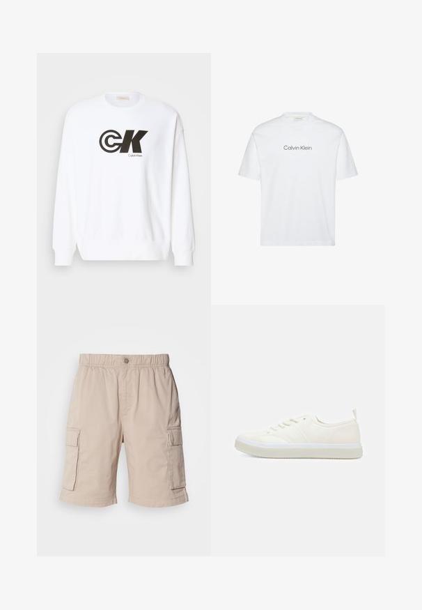 Biela mikina vyrobená z bavlny s čiernym potlačou loga Calvin Klein. Má okrúhly výstrih a rebrované manžety a dolný lem.; Biele bavlnené tričko s krátkymi rukávmi. Má okrúhly výstrih a na hrudi sivý potlačený nápis "Calvin Klein".; Béžové cargo šortky s elastickým pásom, zapínaním na gombík, dvoma bočnými vreckami a ďalšími vreckami na stehnách. Ľahká látka.; Calvin Klein TOP LACE UP UNIFIT - Tenisky - salt bay