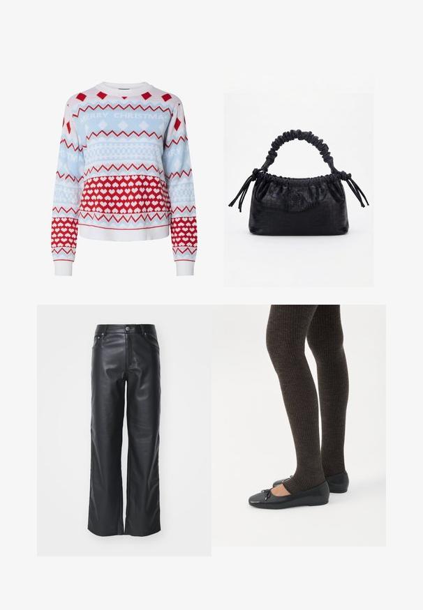 Pull en tricot de Noël en bleu clair, rouge et blanc avec des motifs en zigzag, en damier et des cœurs ; présente le texte « MERRY CHRISTMAS ». ; Pantalon large en cuir noir avec une texture lisse, doté d'une fermeture à bouton sur le devant et d'un design à cinq poches. Conçu pour un ajustement décontracté.; Jambes portant des leggings côtelés foncés associés à des ballerines noires avec de petits détails en nœud sur fond blanc.; Sac à main noir avec texture crocodile, bord supérieur froncé, poignée plissée et pompons à cordon de chaque côté sur fond blanc.