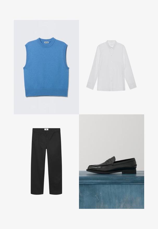 Veste-pull sans manches en tricot bleu avec col rond et bords côtelés, posée à plat sur un fond gris clair.; Chemise blanche à manches longues en tissu lisse, dotée d'un col pointu, d'une fermeture à boutons sur le devant et de poignets à un bouton.; Chino noirs en tissu de coton lisse. Dotés d'une fermeture à bouton, de poches avant et d'une coupe droite avec des bords nets.; Mocassins noirs en cuir avec un design élégant, comportant un bout cousu et une finition lisse. La chaussure possède un talon bas et un minimum de détails.