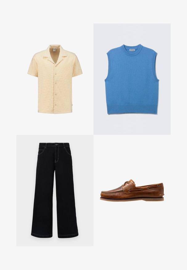 Chaleco sin mangas de punto azul con cuello redondo y bordes acanalados, extendido sobre un fondo gris claro.; Camisa de manga corta en tela amarilla clara texturizada, con un patrón geométrico, cuello con muesca y cinco botones en la parte delantera.; Pantalones de mezclilla negros de pierna ancha, con cierre de botón, cinco bolsillos y costuras en contraste de color blanco a lo largo de las costuras.; Zapato de barco de cuero marrón con acentos de costura, con ojales de metal, una costura elevada en la puntera y una suela de goma plana.