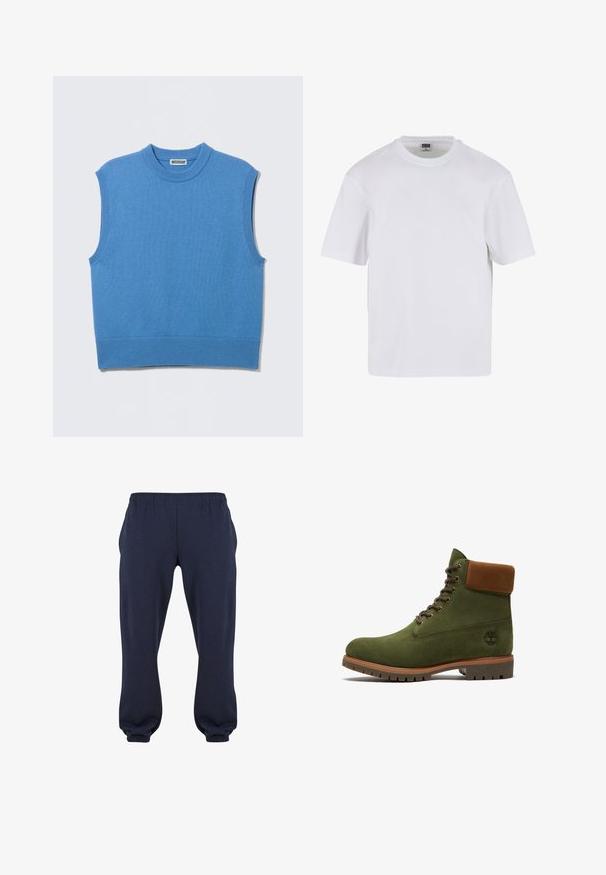 Chaleco sin mangas de punto azul con cuello redondo y bordes acanalados, extendido sobre un fondo gris claro.; Camiseta blanca de manga corta hecha de algodón. Presenta un cuello redondo y un ajuste holgado. Textura suave, diseño minimalista, sin patrones ni adornos.; Pantalones sudadera azul marino con cintura elástica y puños ajustados, confeccionados en tela suave, sin patrones ni herrajes visibles.; Bota verde de ante con cordones, cuello acolchado marrón, suela resistente y logo de Timberland en el lateral.