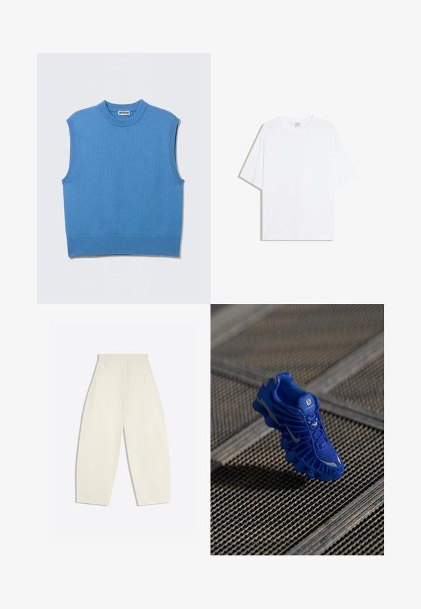 Mouwloos blauwe gebreide trui zonder mouwen met ronde hals en geribbelde randen, plat gelegd op een lichtgrijze achtergrond.; Wit oversized katoenen T-shirt met een ronde hals en korte mouwen; gladde textuur, zonder zichtbare patronen of accenten.; Crèmekleurige broek met hoge taille en wijde pijpen, met achterzakken en ceintuurlussen, plat gelegd op een lichte achtergrond.; Blauwe sportschoen met een bovenwerk van mesh, een gestructureerd ontwerp en een opvallende zool met duidelijke dempingselementen en reflecterende accenten.