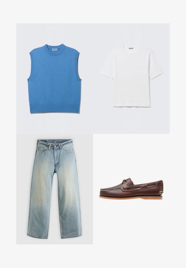 Veste-pull sans manches en tricot bleu avec col rond et bords côtelés, posée à plat sur un fond gris clair.; T-shirt blanc uni à manches courtes et col rond, avec une petite étiquette "WEEKDAY" à l'intérieur du col arrière, présenté à plat.; Jean denim bleu clair à jambes larges avec une finition délavée. Comprend un design standard à cinq poches et une fermeture à bouton métallique.; Chaussure bateau en cuir marron avec coutures blanches, détails de lacets et semelle en caoutchouc beige, vue de côté sur fond blanc.